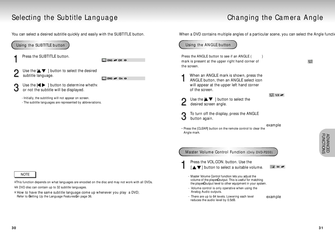 Samsung DVD-P210/EUR manual Selecting the Subtitle Language, Changing the Camera Angle, Using the Subtitle button 