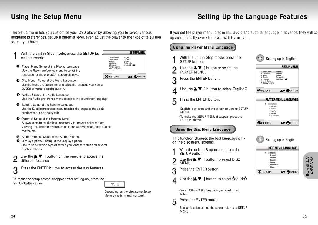 Samsung DVD-P210/EUR manual Using the Setup Menu, Setting Up the Language Features, Using the Player Menu Language 