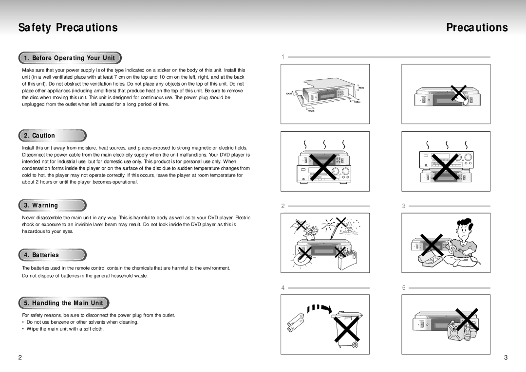 Samsung DVD-P210/EUR manual Safety Precautions, Before Operating Your Unit, Batt e rie s, Handling the Main Unit 