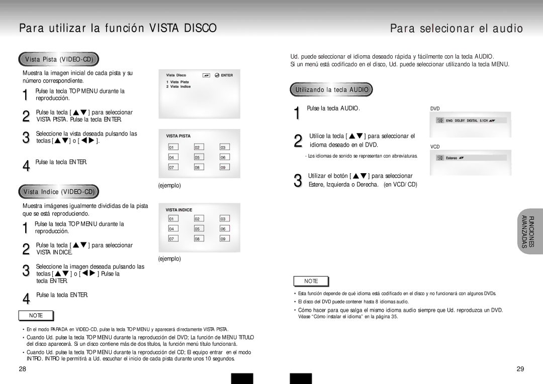 Samsung DVD-P210/XEC manual Para utilizar la función Vista Disco, Para selecionar el audio, Vista Pista VIDEO-CD, Tecla 