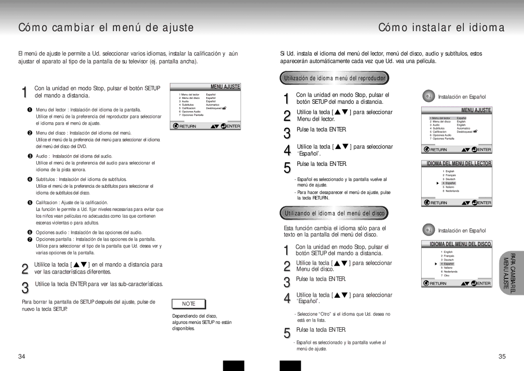 Samsung DVD-P210/XEC Cómo cambiar el menú de ajuste, Cómo instalar el idioma, Utilización de idioma menú del reproductor 