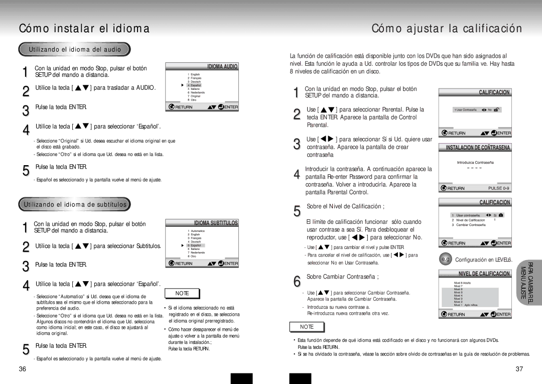 Samsung DVD-P210/XEC manual Cómo instalar el idioma Cómo ajustar la calificación, Utilizando el idioma del audio 