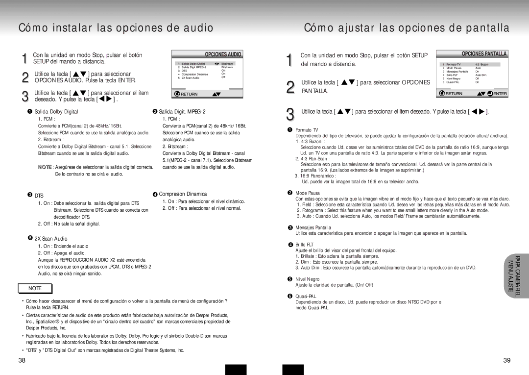 Samsung DVD-P210/XEC manual Cómo instalar las opciones de audio, Cómo ajustar las opciones de pantalla, Pantalla, Dts 