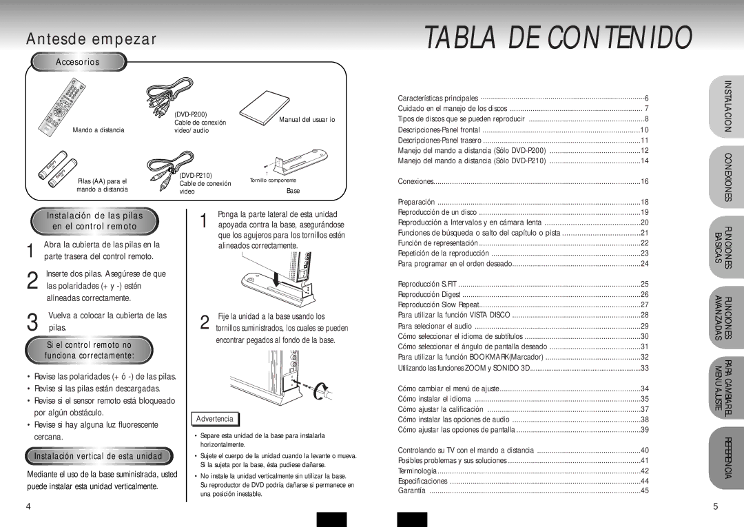 Samsung DVD-P210/XEC manual Antesde empezar, Accesorios, Las Pilas En el, Remoto, Instalación vertical de esta unidad 