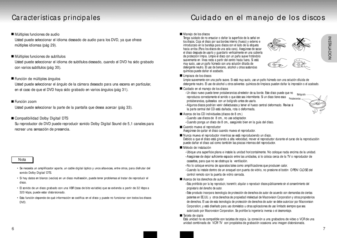 Samsung DVD-P210/XEC manual Características principales, Cuidado en el manejo de los discos 