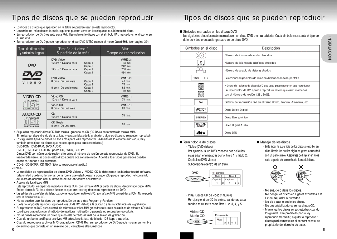 Samsung DVD-P210/XEC Tipos de discos que se pueden reproducir, Dvd, Símbolos en el disco Descripción, Video-Cd, Audio-Cd 