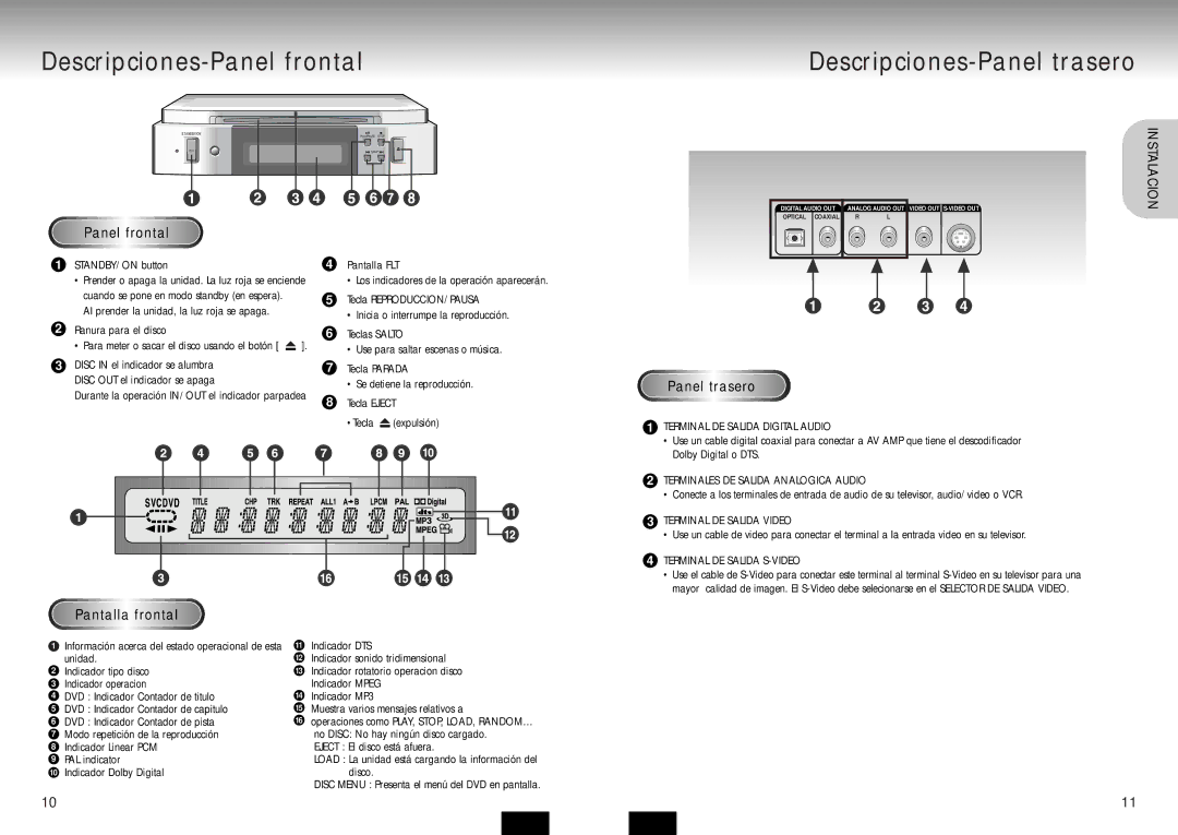 Samsung DVD-P210/XEC manual Descripciones-Panel frontal Descripciones-Panel trasero, Pantalla frontal 