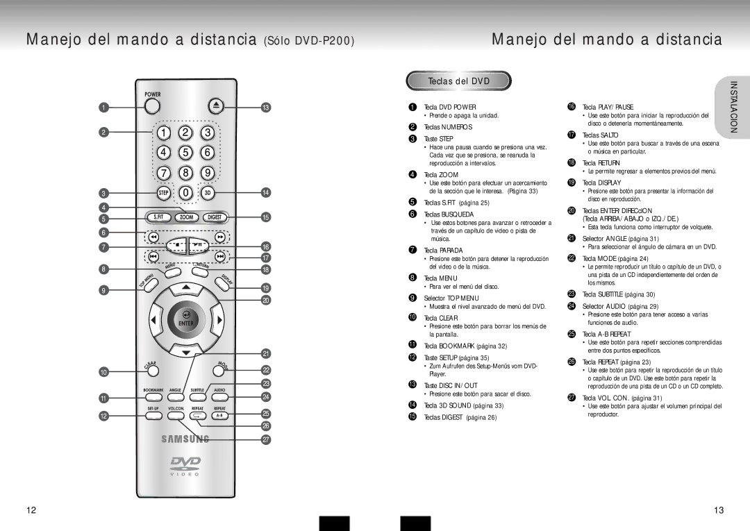 Samsung DVD-P210/XEC manual Manejo del mando a distancia Sólo DVD-P200, Teclas del DVD 