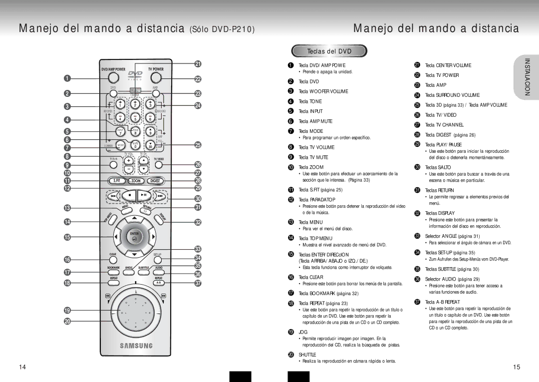 Samsung DVD-P210/XEC manual Manejo del mando a distancia Sólo DVD-P210, Shuttle 