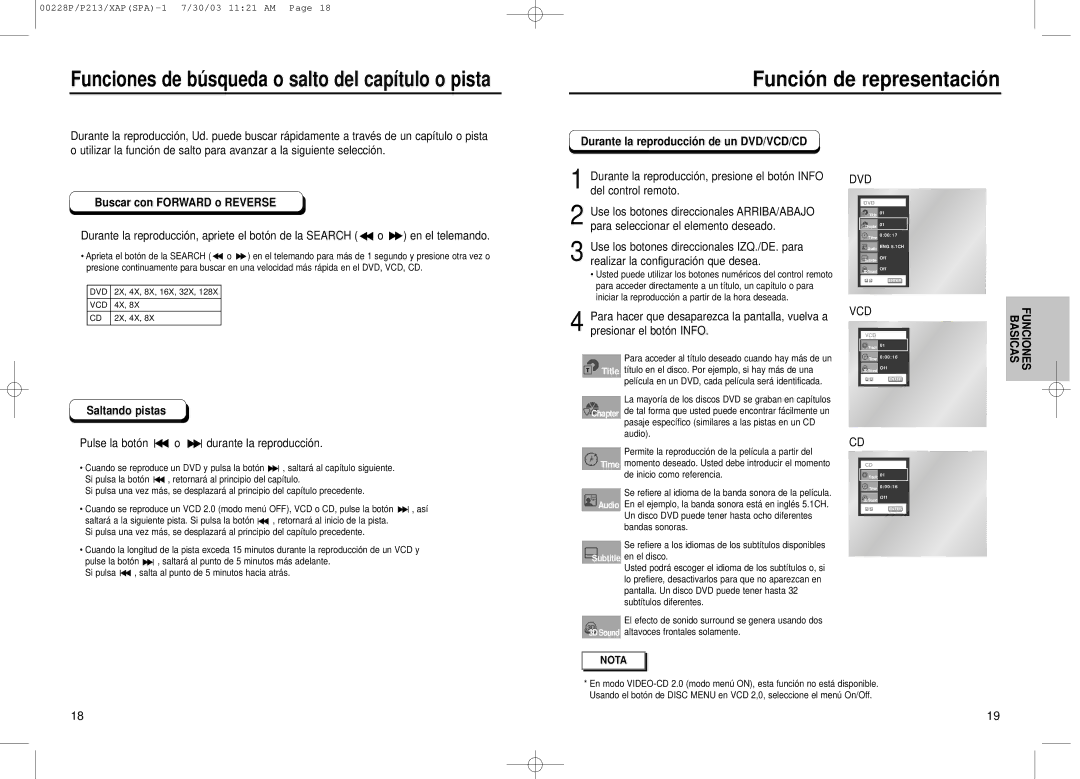 Samsung DVD-P213 manual Funciones de bú squeda o salto del capítulo o pista, Funció n de representació n, Saltando pistas 