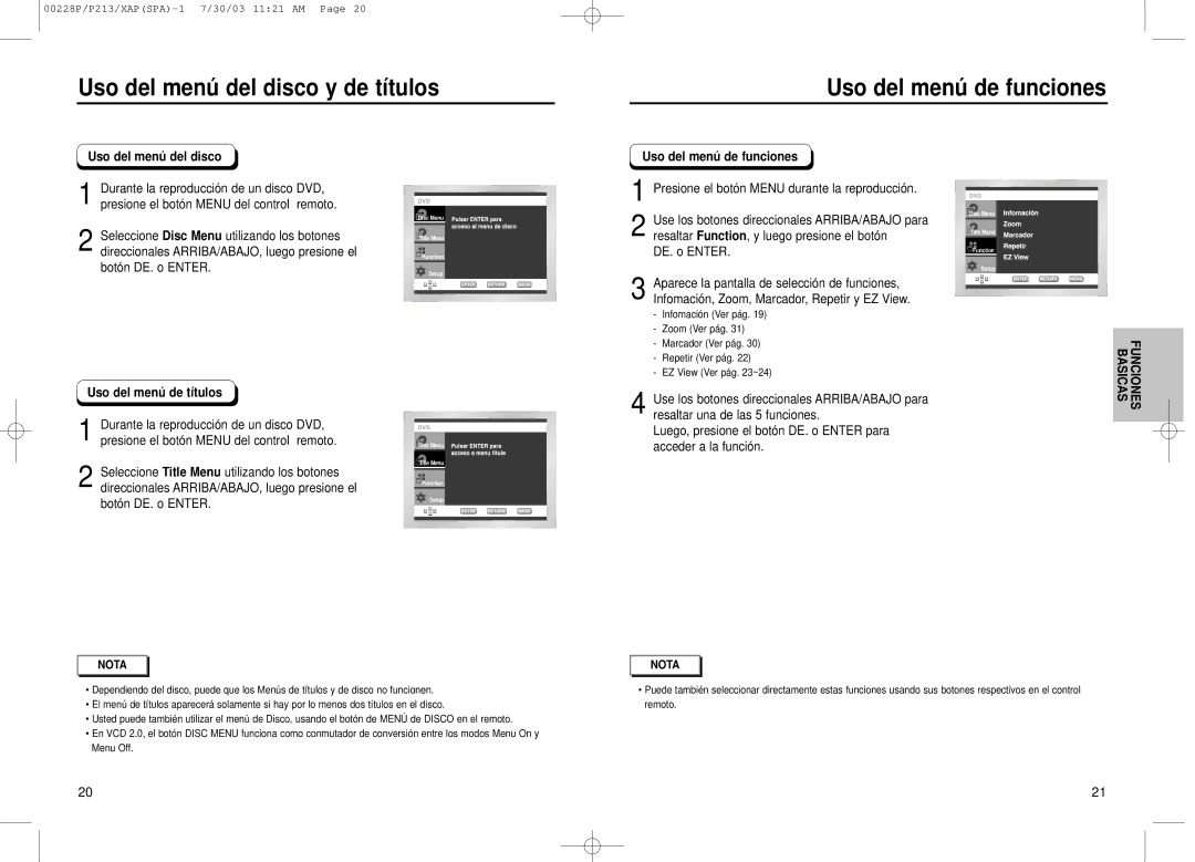 Samsung DVD-P313, DVD-P213 manual Uso del menú del disco y de títulos, Uso del menú de funciones, Uso del menú de títulos 