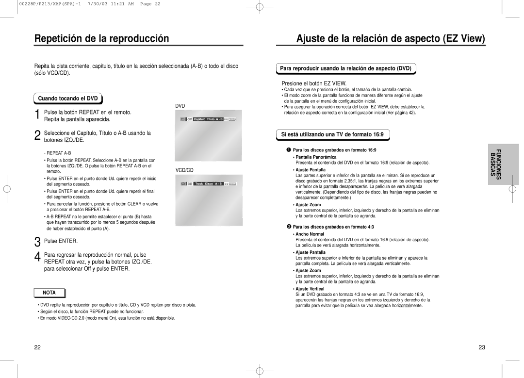 Samsung DVD-P213 manual Repetició n de la reproducció n, Ajuste de la relació n de aspecto EZ View, Cuando tocando el DVD 