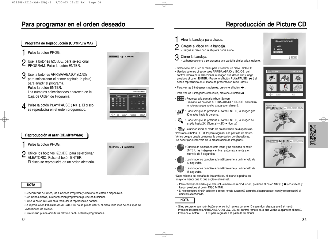 Samsung DVD-P213, DVD-P313 manual Programa de Reproducció n CD/MP3/WMA, Reproducció n al azar CD/MP3/WMA 