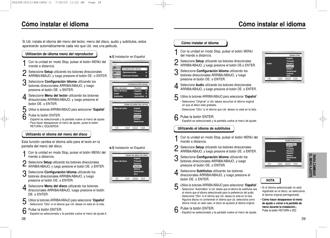 Samsung DVD-P213 Có mo instalar el idioma, Utilizació n de idioma menú del reproductor, Utilizando el idioma de subtítulos 