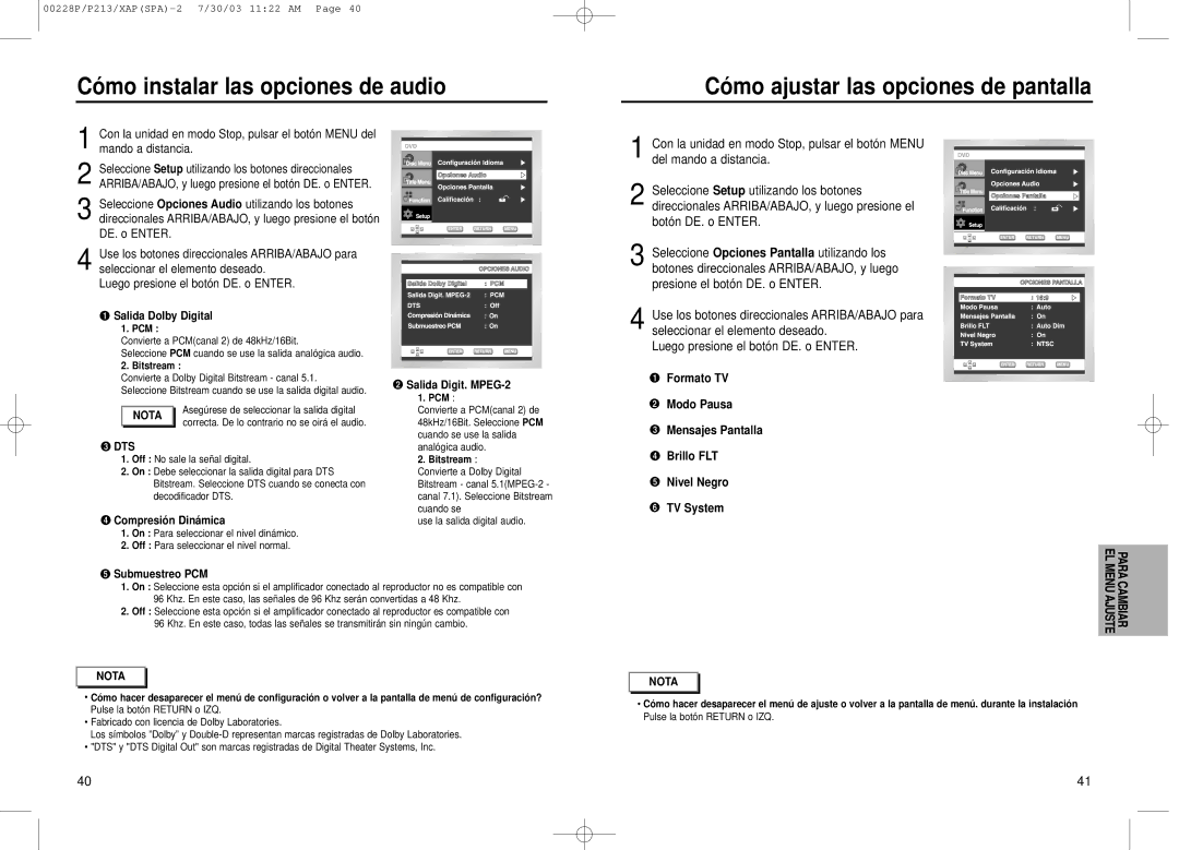 Samsung DVD-P313, DVD-P213 manual Có mo instalar las opciones de audio, Có mo ajustar las opciones de pantalla, Dts 