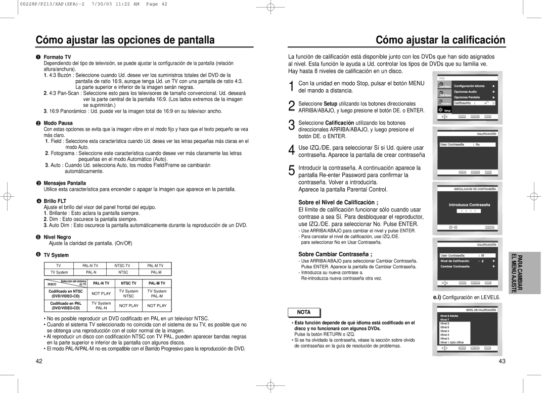 Samsung DVD-P213, DVD-P313 manual Có mo ajustar la calificació n, Sobre el Nivel de Calificació n, Sobre Cambiar Contraseñ a 