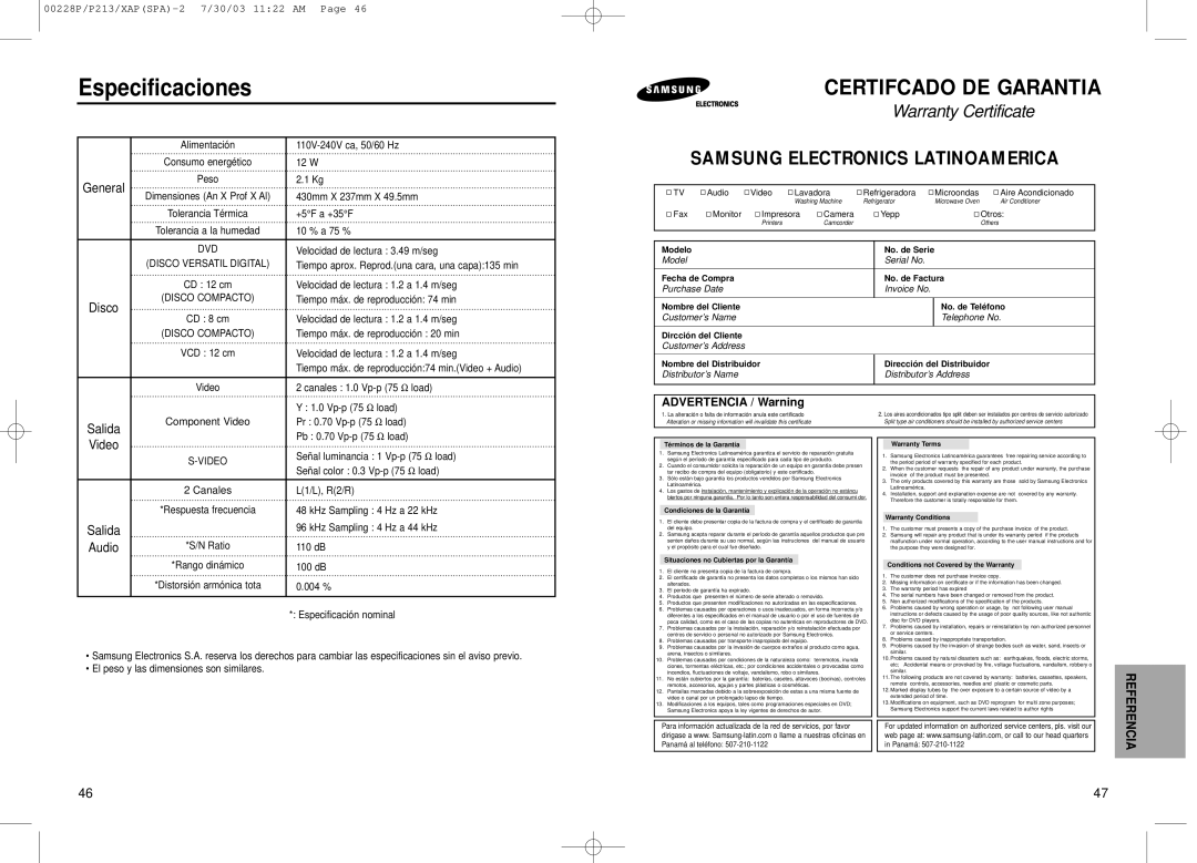 Samsung DVD-P213, DVD-P313 manual Especificaciones, Video, Salida, Audio, Advertencia / Warning 