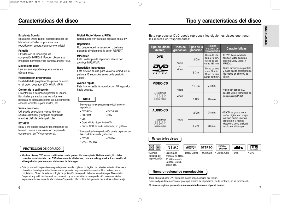 Samsung DVD-P213, DVD-P313 manual Características del disco Tipo y características del disco, Las marcas correspondientes 