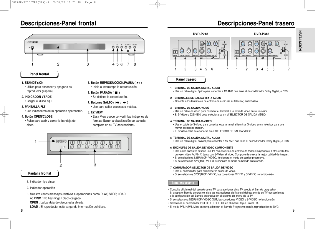 Samsung DVD-P313 manual Descripciones-Panel frontal Descripciones-Panel trasero, DVD-P213, Pantalla frontal 