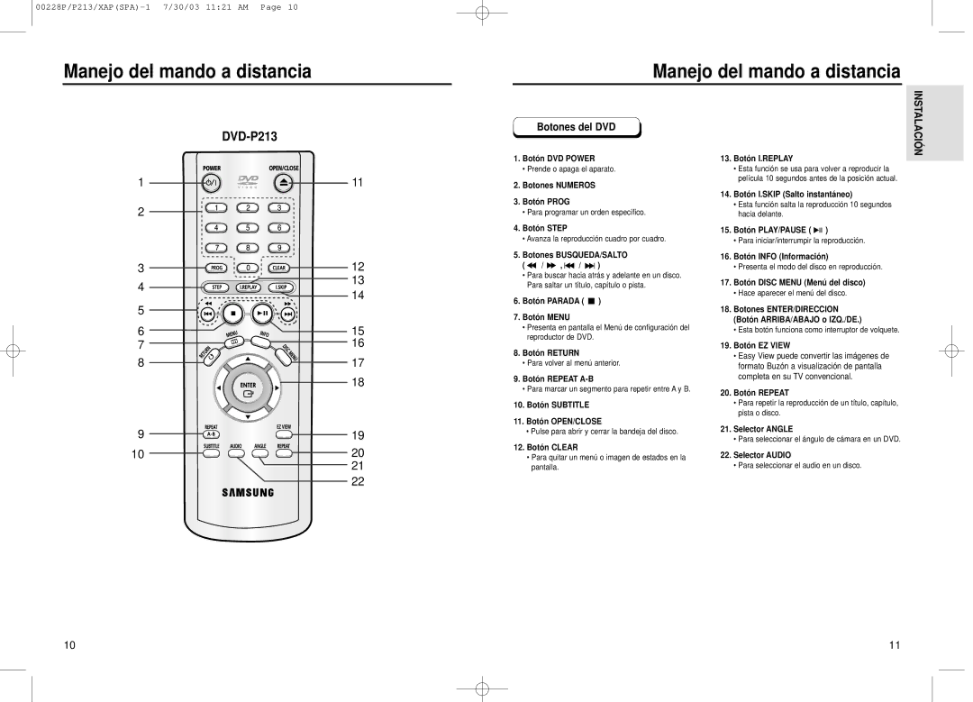 Samsung DVD-P213, DVD-P313 manual Manejo del mando a distancia, Botones del DVD, Instalació N 