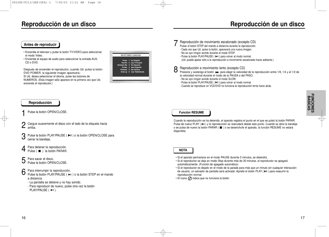 Samsung DVD-P313 Reproducció n de un disco, Reproducción a movimiento lento excepto CD, Funció n Resumebasicas Funciones 