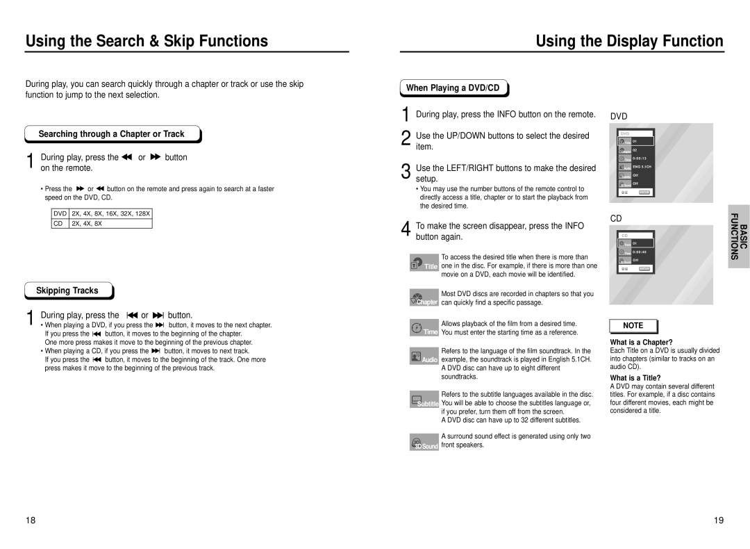 Samsung DVD-P230 manual Searching through a Chapter or Track, When Playing a DVD/CD, Skipping Tracks 