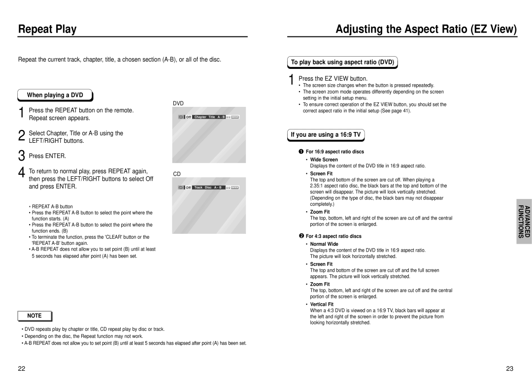 Samsung DVD-P230 Repeat Play, Adjusting the Aspect Ratio EZ View, When playing a DVD, To play back using aspect ratio DVD 