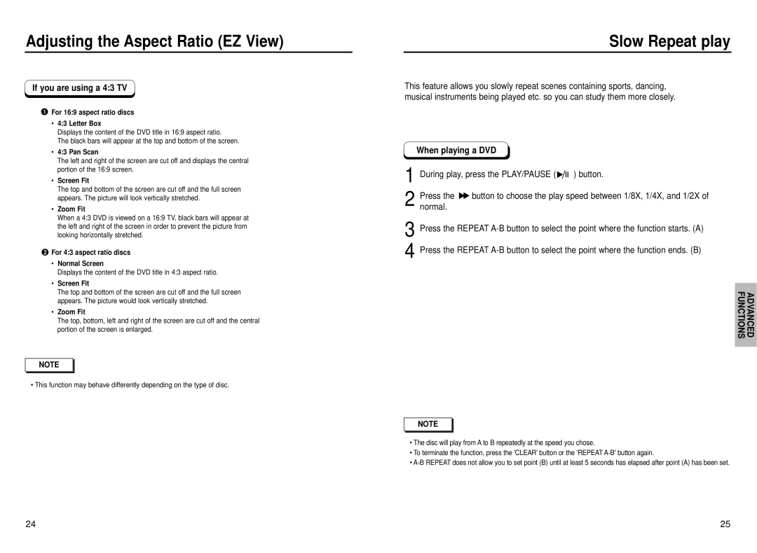 Samsung DVD-P230 manual Slow Repeat play, If you are using a 43 TV, Functions Advanced 