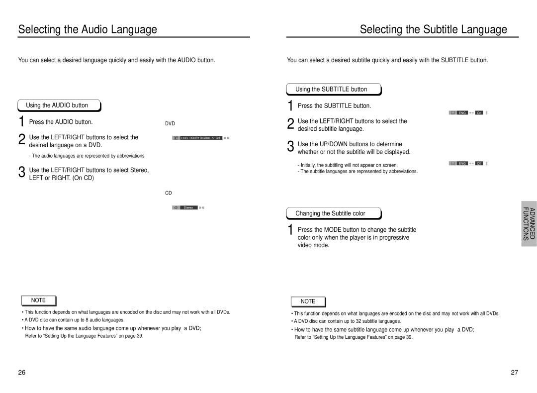 Samsung DVD-P230 manual Selecting the Audio Language, Selecting the Subtitle Language, Advanced Functions 