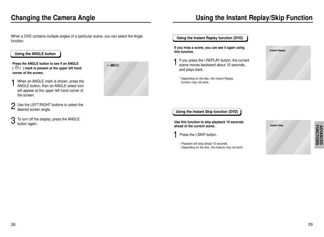 Samsung DVD-P230 manual Changing the Camera Angle, Using the Instant Replay/Skip Function 