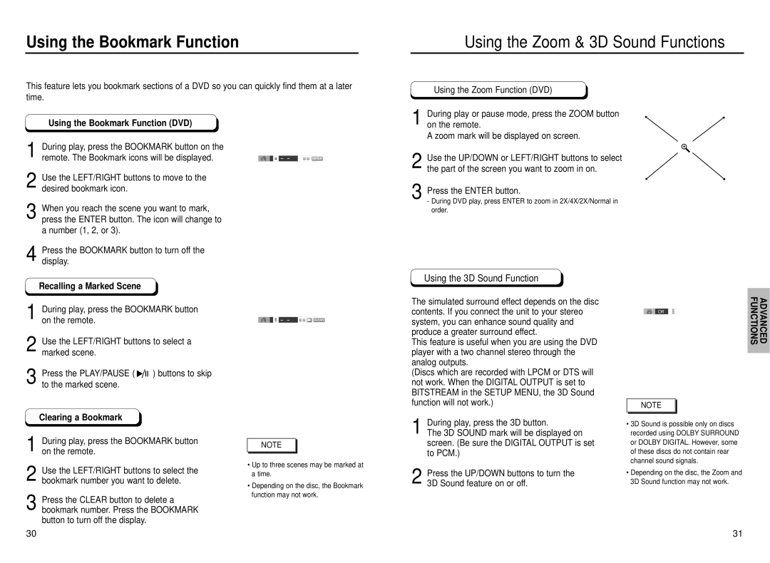 Samsung DVD-P230 manual Using the Bookmark Function, Using the Zoom & 3D Sound Functions, Recalling a Marked Scene 