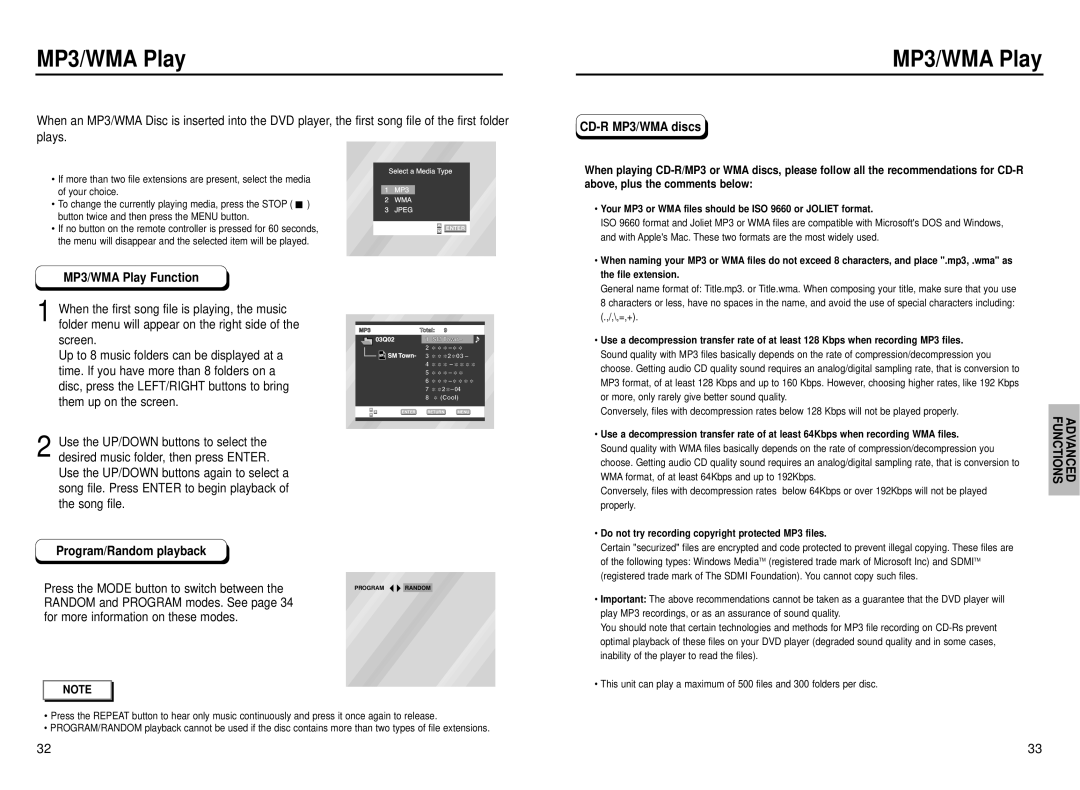 Samsung DVD-P230 manual MP3/WMA Play Function, Program/Random playback, Press the Mode button to switch between 