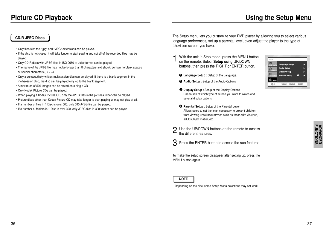 Samsung DVD-P230 manual Using the Setup Menu, CD-R Jpeg Discs, Buttons, then press the Right or Enter button 