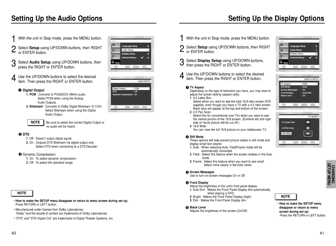 Samsung DVD-P230 manual Setting Up the Audio Options Setting Up the Display Options, Digital Output 