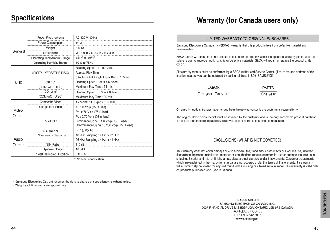 Samsung DVD-P230 manual Specifications, Warranty for Canada users only, General, One year Carry, Headquarters 