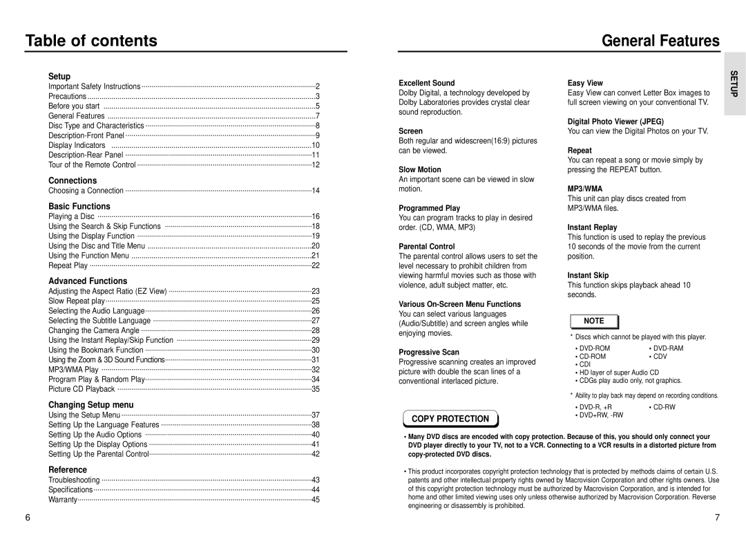 Samsung DVD-P230 manual Table of contents 