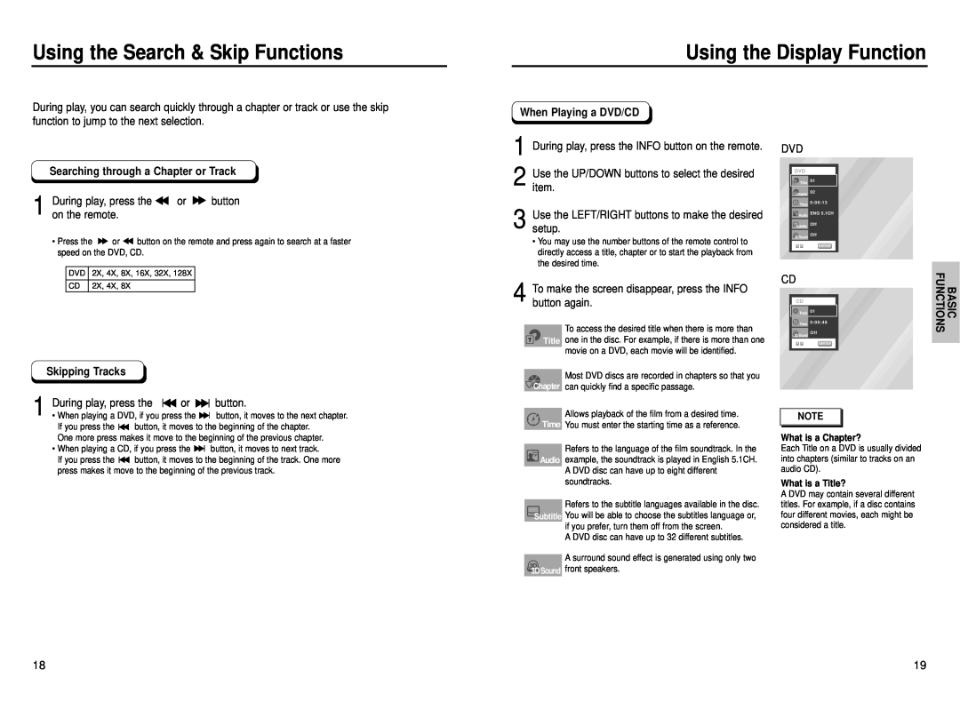 Samsung DVD-P230 manual Using the Search & Skip Functions, Using the Display Function, Searching through a Chapter or Track 