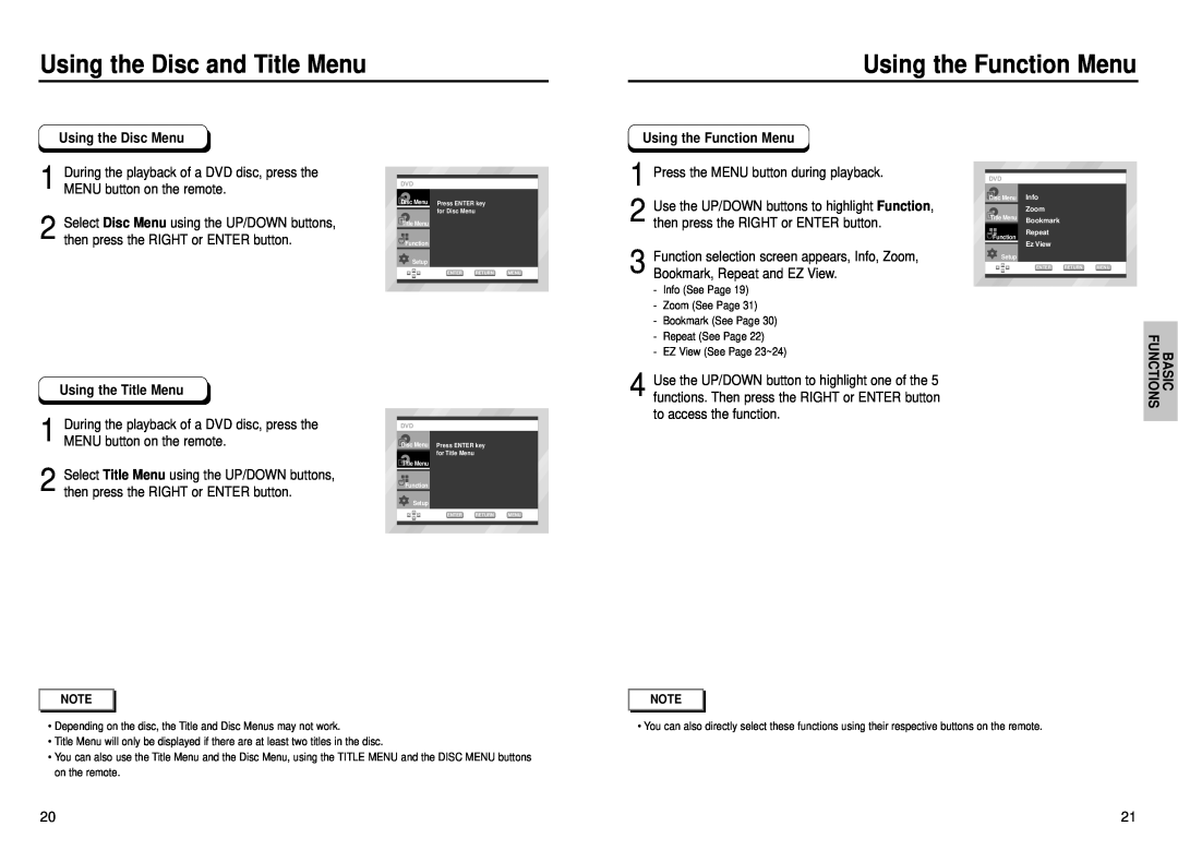 Samsung DVD-P230 manual Using the Function Menu 