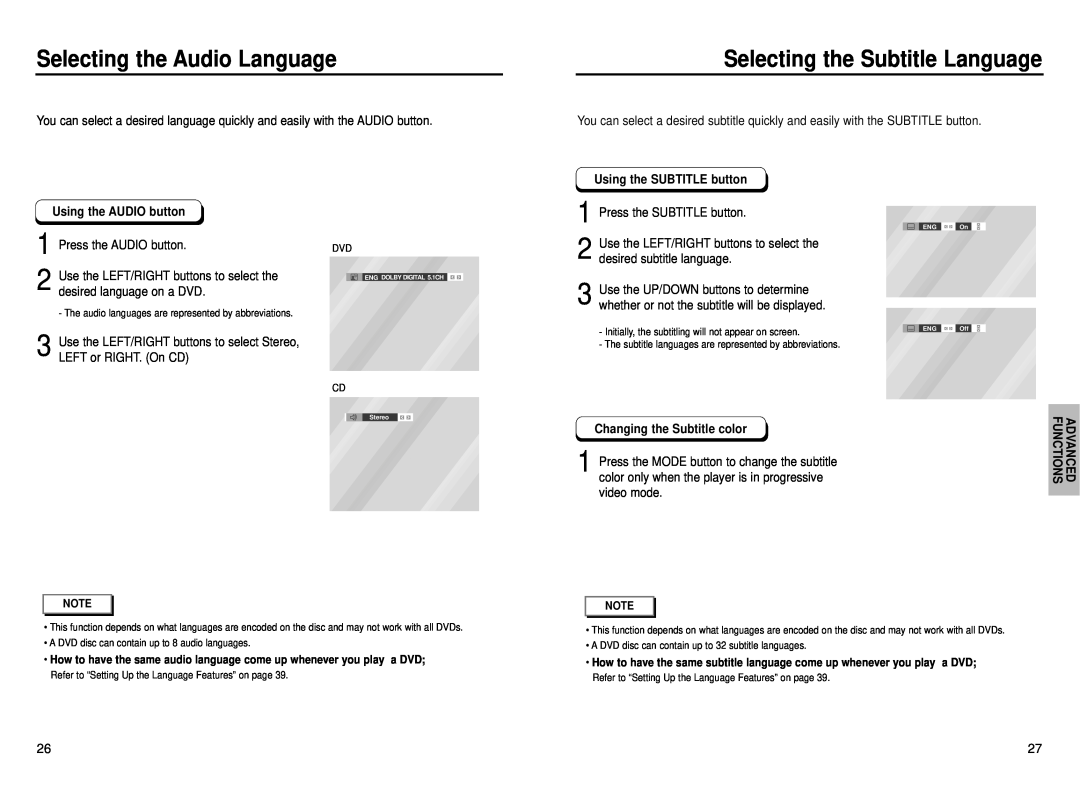 Samsung DVD-P230 Selecting the Audio Language, Selecting the Subtitle Language, Using the AUDIO button, Advanced Functions 