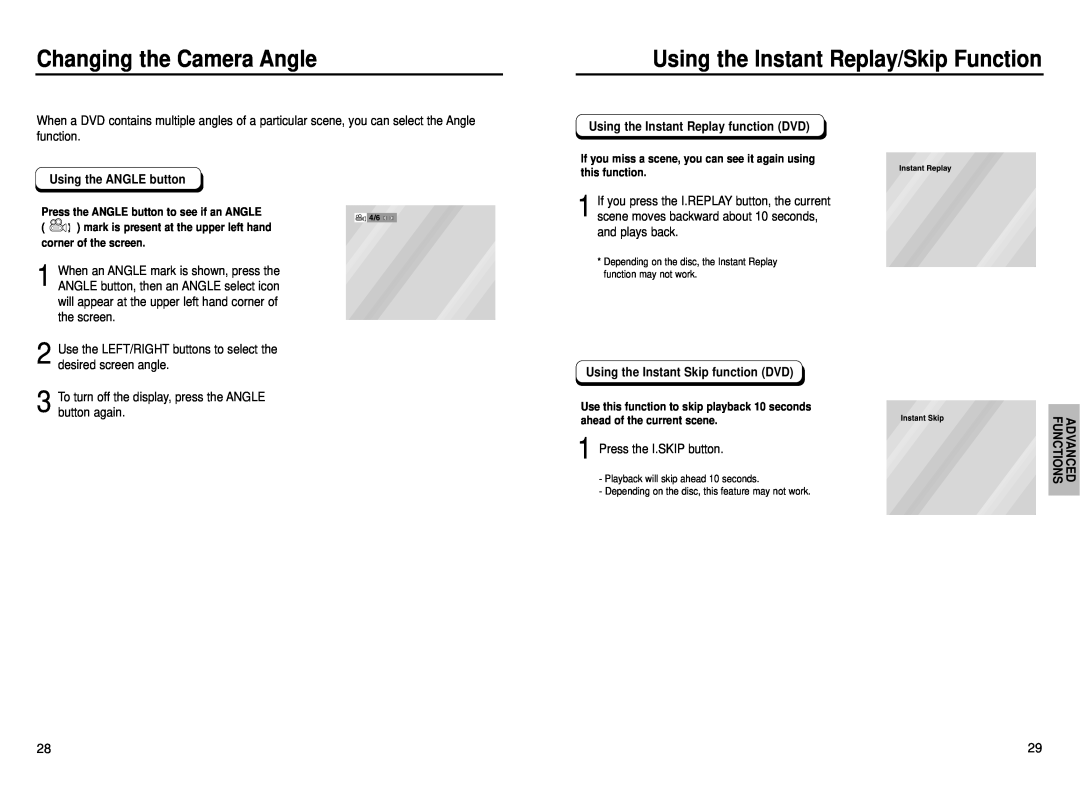 Samsung DVD-P230 manual Changing the Camera Angle, Using the Instant Replay/Skip Function, Using the ANGLE button 