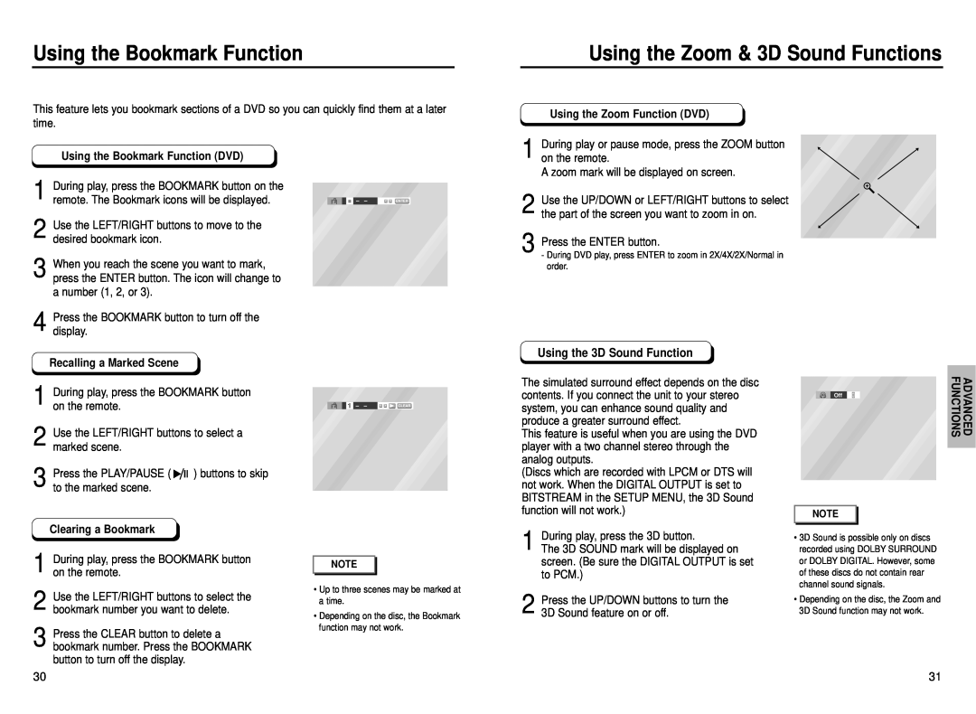 Samsung DVD-P230 manual Using the Bookmark Function, Using the Zoom & 3D Sound Functions, Using the Zoom Function DVD 