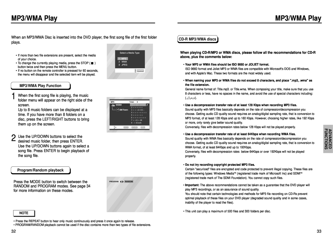 Samsung DVD-P230 manual MP3/WMA Play Function, Program/Random playback, CD-R MP3/WMA discs 