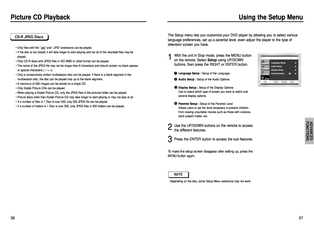 Samsung DVD-P230 manual Using the Setup Menu, CD-R JPEG Discs, Picture CD Playback, Language Setup Setup of the Language 