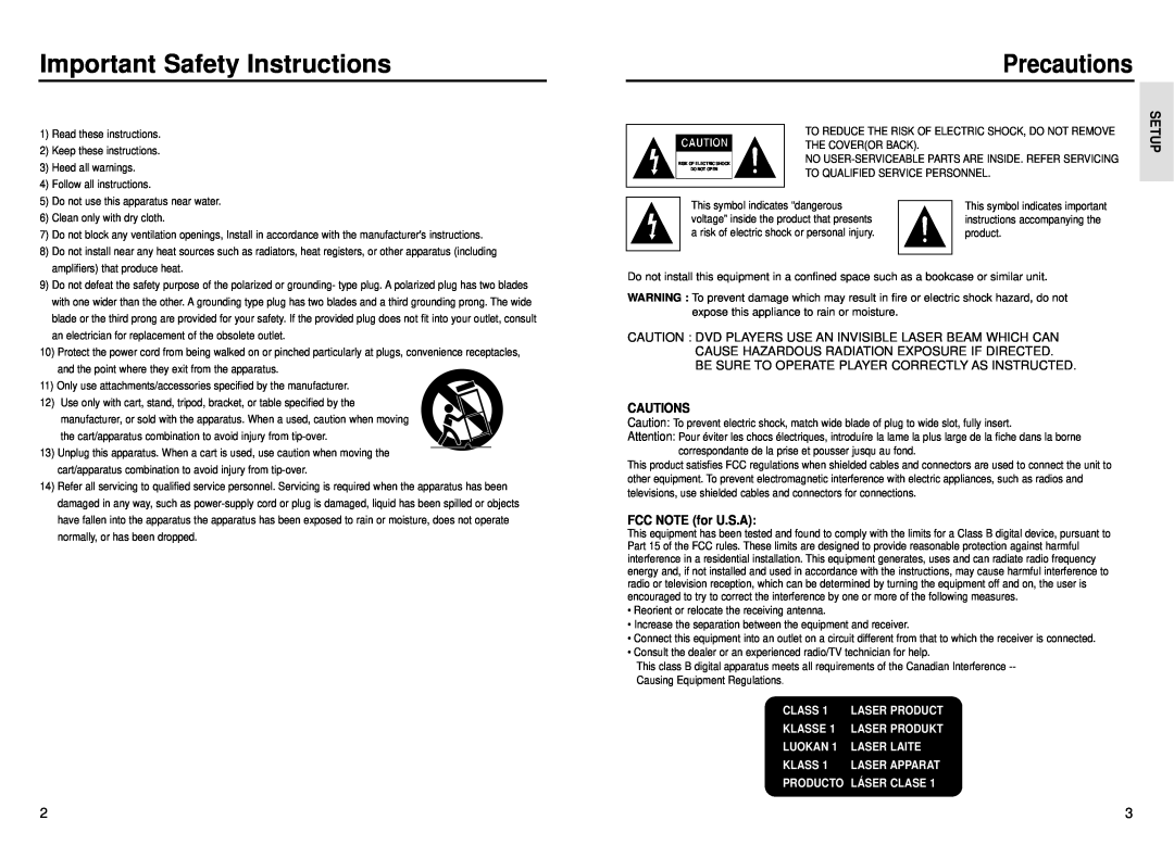 Samsung DVD-P230 manual Important Safety Instructions, Precautions, Setup, Cautions, FCC NOTE for U.S.A 