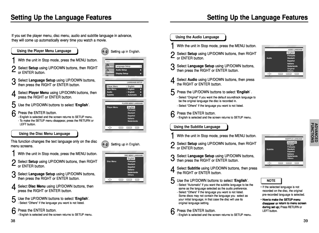 Samsung DVD-P230 manual Setting Up the Language Features, Using the Audio Language, Using the Player Menu Language 