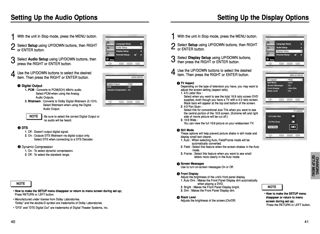 Samsung DVD-P230 manual Setting Up the Audio Options, Setting Up the Display Options, Digital Output 