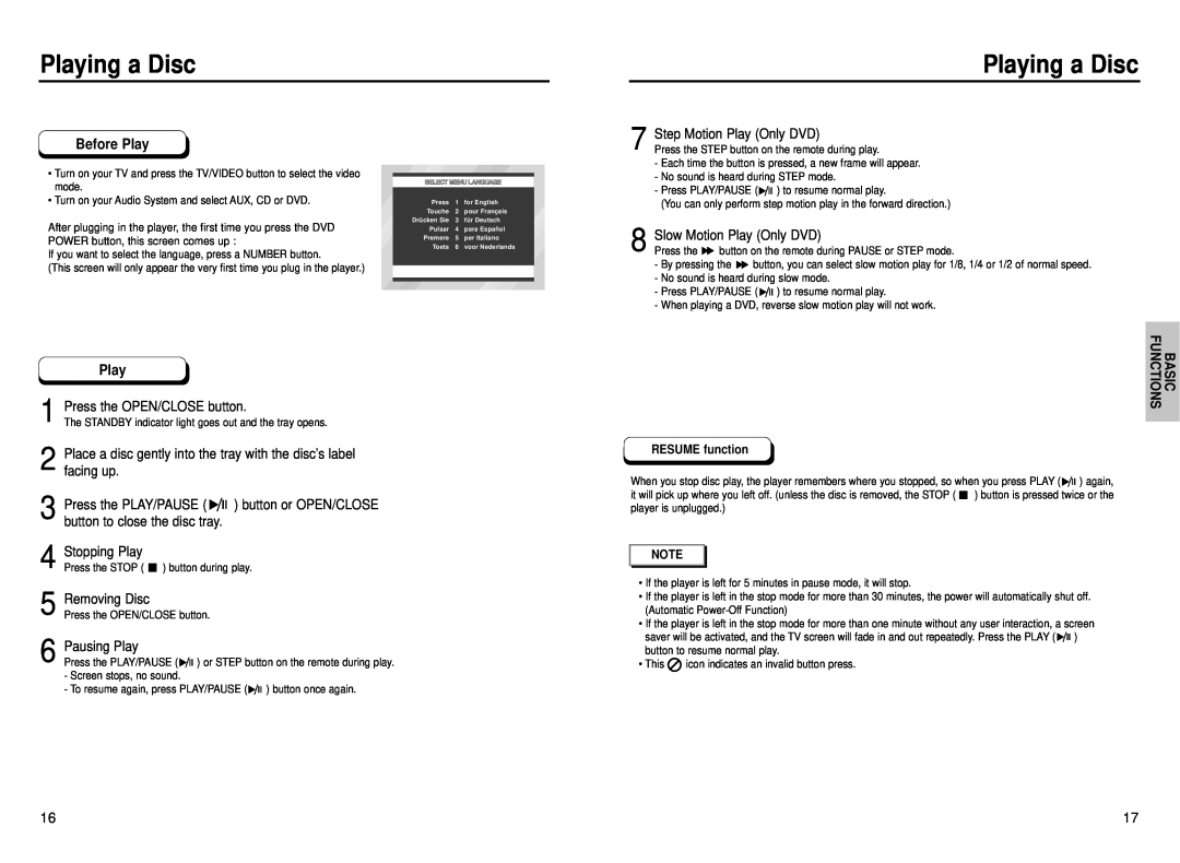 Samsung DVD-P230 manual Playing a Disc, Before Play, RESUME function 