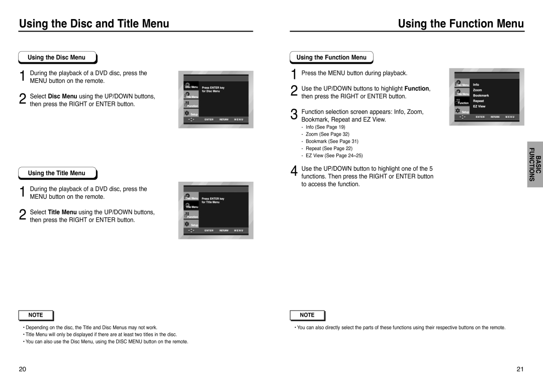 Samsung DVD-P240 Using the Function Menu, Press the Menu button during playback, Info See Zoom See Bookmark See Repeat See 