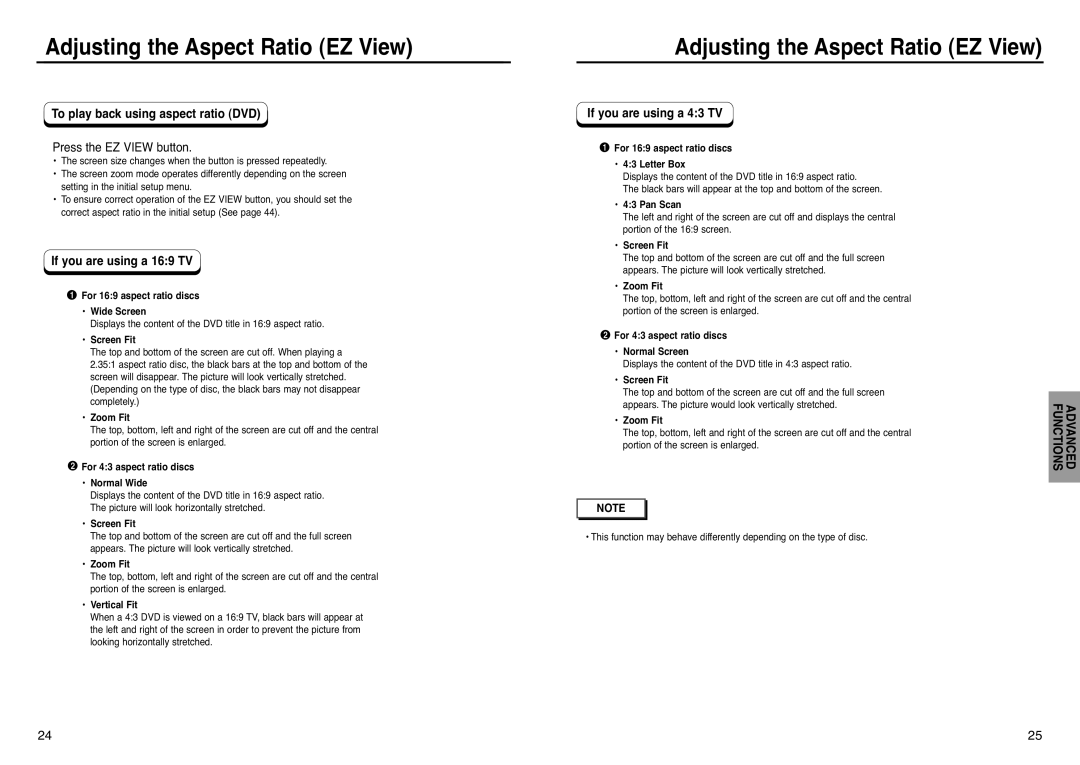 Samsung DVD-P240 manual Adjusting the Aspect Ratio EZ View, To play back using aspect ratio DVD, Press the EZ View button 