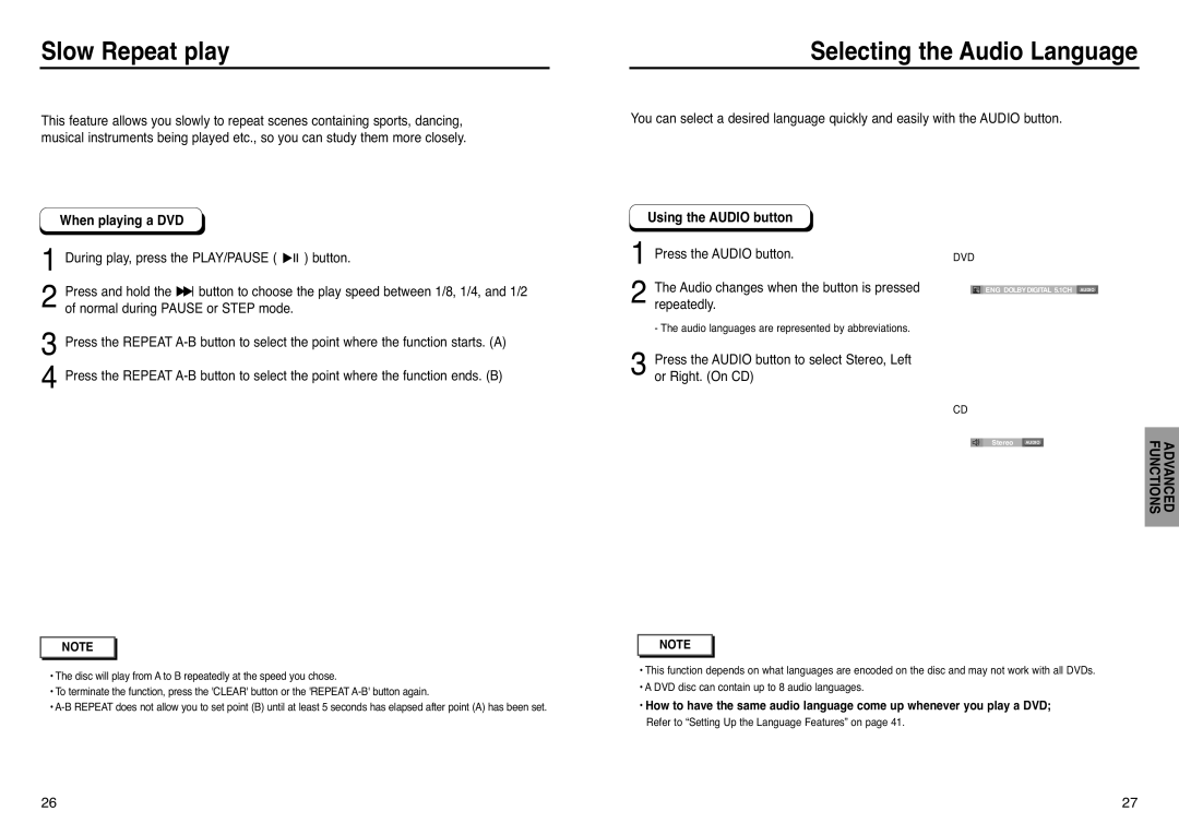 Samsung DVD-P240 manual Slow Repeat play, Selecting the Audio Language, When playing a DVD, Using the Audio button 